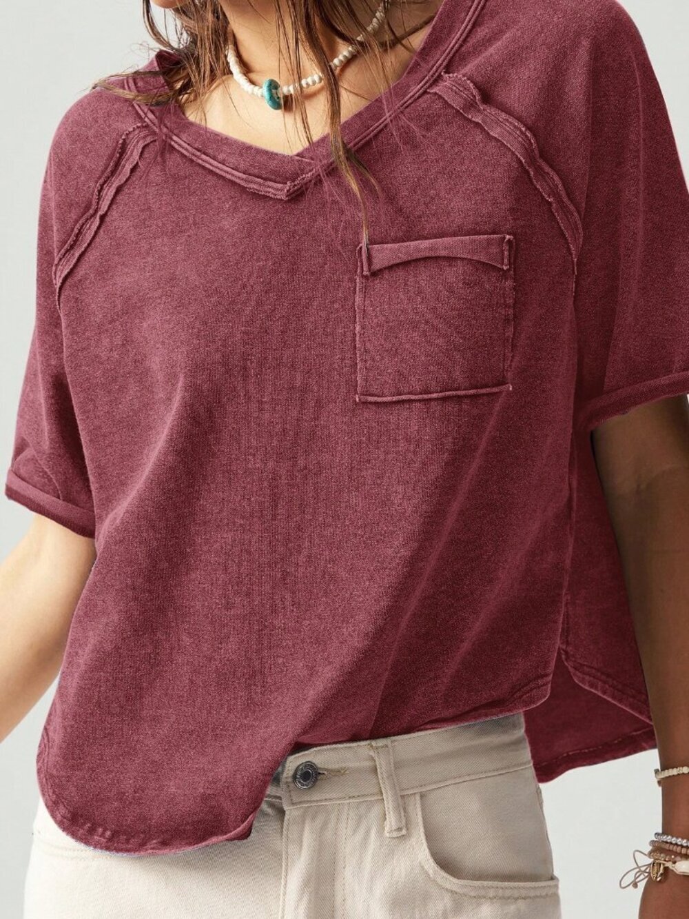 Burgundy Casual Boho Women's Knitted Crew Neck Raglan Short Sleeve Loose T-Shirt - Picture 3 of 8